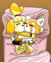 2019 aggressive_retsuko animal_crossing bed blush canine crossover cuddling feet female female_only foot_fetish footsie furry hug hugging isabelle_(animal_crossing) kissing mepwep nintendo paws red_panda retsuko short soles toes yuri