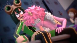 1futa 2girls 3d adriandustred animated balls bench black_eyes black_sclera blowjob bodysuit clothed clothed_sex clothing dickgirl erection fellatio fur_trim futa_on_female futanari gloves hair hero_outfit_(mha) horn horns large_penis locker locker_room mask mina_ashido moaning my_hero_academia ochako_uraraka open_mouth oral penis pink_hair pink_skin sex short_hair skin_tight sound source_filmmaker tsuyu_asui vest video voyeur yellow_eyes