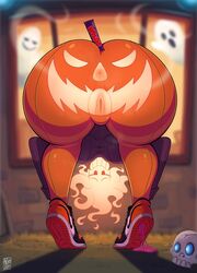 1girls ajeng_(androjuniarto) androjuniarto ass_focus butt candy female ghost ghosts gum looking_at_viewer looking_back original presenting_hindquarters pumpkin_butt pussy rear_view seductive skull smile solo tagme thick thick_thighs