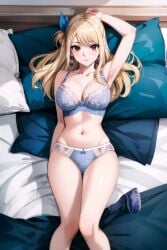 ai_generated bed blonde_hair blush brown_eyes fairy_tail hand_on_head laying_on_back laying_on_bed legs light_blue_lingerie lingerie long_hair lucy_heartfilia on_bed open_mouth