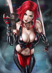 1girls alternate_version_available big_breasts blades bloodrayne breasts bustier cleavage corset dandon_fuga dhampir female female_only fit fit_female from_above fully_clothed green_eyes large_breasts latex_suit looking_at_viewer rayne red_hair red_lipstick redhead solo vampire