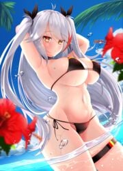 1girls 2020 absurd_res armpits arms_behind_head arms_up azur_lane balut_(7676i) bangs bare_shoulders black_bikini blush bow breasts cameltoe cleavage cloud collarbone erect_nipples erect_nipples_under_clothes eyebrows_visible_through_hair female female_only flag_bikini flower german_flag german_flag_bikini hair_between_eyes hair_ribbon highlights highres large_breasts long_hair long_twintails looking_at_viewer mole mole_on_breast navel nipple_bulge open_mouth outdoors palm_tree partially_submerged prinz_eugen_(azur_lane) prinz_eugen_(unfading_smile)_(azur_lane) red_highlights ribbon side-tie_bikini sideboob sidelocks silver_hair sky solo sparkle standing swimsuit thick_thighs thigh_strap thighs tree underboob very_long_hair water wet yellow_eyes