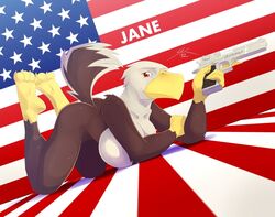 1girls 2012 american_flag anthro beak breasts desert_eagle eagle engraving female gun non-mammal_breasts solo spotty_the_cheetah stars_and_stripes