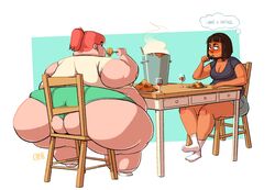 ass ass bbw belly black_hair breasts breasts breasts chair cleavage dark_skin english_text fat fat_ass female food geodudeman124 huge_ass huge_butt large_ass obese pink_hair shorts spaghetti ssbbw stuffing text