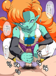 1girls alien_girl blue_eyes breasts censored clothed_female_nude_male dragon_ball dragon_ball_z faceless_male female gradient_background green_skin handjob human_on_humanoid humanoid interspecies japanese_text jewelry long_hair looking_at_viewer medium_breasts motion_lines naughty_face old_school_academy orange_hair penis pointy_ears pubic_hair smile smirk squatting zangya