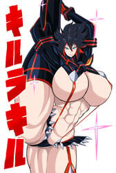 abs absurdres black_hair boots breasts breasts_bigger_than_head bursting_breasts endofenders female flexible gigantic_thighs highres huge_breasts hyper_muscles kill_la_kill leg_lift looking_at_viewer matoi_ryuuko microskirt midriff multicolored_hair muscle muscular_female pleated_skirt red_hair revealing_clothes senketsu short_hair skirt solo splits spread_legs standing standing_on_one_leg streaked_hair suspenders thick_thighs thigh_boots thighhighs thighs tight_clothing vertical_splits