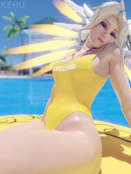 1girls 3d 3d_(artwork) blonde_hair blue_eyes blurred_background female_only kehu_nf lifeguard looking_at_viewer mercy one-piece_swimsuit overwatch thick_thighs wings