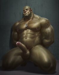 6suan abs balls big_muscles bodily_fluids crouching digital_media_(artwork) dog_tags foreskin genital_fluids genitals hands_behind_back hi_res humanoid male male_only muscular muscular_humanoid muscular_male nipple_piercing nipple_ring nipples nude orc orc_male pecs penis piercing precum solo solo_male tattoo thick_thighs tusks uncut