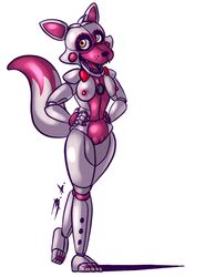 2018 animatronic anthro bassybefuddle black_nose bow_tie breasts canid canine countershade_face countershade_torso countershading digital_media_(artwork) dipstick_tail eyelashes female five_nights_at_freddy's fox funtime_foxy_(fnaf) funtime_foxy_(fnafsl) genitals hands_on_hips looking_at_viewer machine mammal multicolored_body multicolored_tail nipples nude open_mouth pink_body pussy red_bow robot simple_background sister_location solo speaker standing teeth two_tone_body video_games white_background white_body yellow_eyes