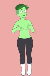 alien covering_nipples d'vana_tendi female freckles green_eyes green_hair green_lips green_skin humanoid looking_at_viewer navel orion_(species) seventhsense solo star_trek star_trek_lower_decks trousers