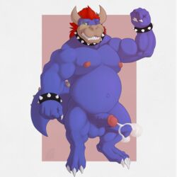 1:1 belly bodily_fluids bowser cum foreskin genital_fluids hi_res koopa male male_only mario_(series) muscular muscular_male nintendo nipples overweight overweight_male scalie solo solo_male video_games wulfiewilk