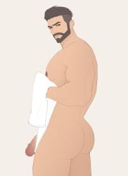 1boy ass bara circumcised flaccid horaseiji looking_back male male_only muscles muscular muscular_male nude penis_peek pokemon pokemon_sv post_bath professor_turo thick_penis towel veiny_penis