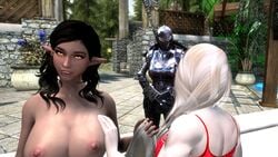 1futa 3d 3girls bethesda_softworks bikini black_armor black_hair blowjob dark-skinned_futanari dark_skin elf_ears fellatio futa_on_female futanari hand_on_breast holding_towel inviting knight knight_armor lesbeth_(sanguine_rose_666) orgasm_face pleasure_face pleasured pointy_ears pool private_pool red_bikini sanguine_rose_666 skyrim the_elder_scrolls tongue towel white_hair yellow_eyes