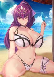 1girls aster_crowley beach bikini breasts cleavage fate/grand_order fate_(series) female female_only fringe large_breasts oral oral_insinuation outdoors popsicle scathach_(fate) scathach_skadi sexually_suggestive solo spread_legs