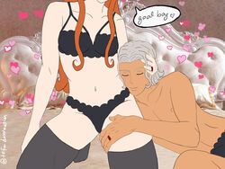 1boy 1girls bare_chest bra canon_couple castlevania castlevania_(netflix) cuddling english_text femdom gentle_femdom happy_sub hearts hector_(castlevania) lenore_(castlevania) lingerie malesub panties praise red_hair rings silver_hair smile soft_domination stockings straight thigh_grab thighhighs tofudomination vampire willing_sub word_balloon