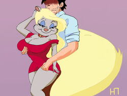 animaniacs anthro blonde_hair breasts cleavage collar dress female furry furry_breasts hourglass_figure hugotaker human interspecies legs looking_back minerva_mink nervous pet smile tail