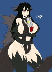 artist_request breasts dark_hair drink_on_breasts godzilla godzilla_(series) huge_ass huge_breasts huge_butt kaiju kaiju_girl kaiju_girls_(webcomic) long_hair nipples_visible_through_clothing red_eyes