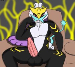 black_fur chair feline_penis furry legendary_pokémon lounging pokémon_(species) pokemon presenting_penis raikou red_eyes simple_background sitting spread_legs varium yellow_hair