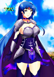 asai_rionai bangs blue_hair blush choker curvaceous curvy earrings eyebrows_visible_through_hair female female_only highres jewelry lipstick logo long_hair looking_at_viewer original original_character pale-skinned_female purple_eyes sacredcourage seductive seductive_eyes seductive_look seductive_smile smile solo solo_female standing the_legendary_tauran'creima the_legendary_tauran'creima:_star_beings_of_the_universe tiara