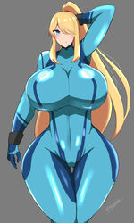 1girls alternate_breast_size ayamahi blonde_hair blue_eyes breasts breasts_bigger_than_head clothed clothed_female female grey_background huge_breasts huge_thighs long_hair long_ponytail metroid nintendo ponytail samus_aran skin_tight smile solo standing thick_thighs thighs tight_clothing very_long_hair voluptuous wide_hips zero_suit zero_suit_samus