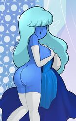 1girls areolae ass blue_hair blue_skin blushmallet breasts butt cartoon_network dress elbow_gloves female female_only gem_(species) gloves hair_over_eyes humanoid legwear long_hair looking_at_viewer nipples nude pussy sapphire_(steven_universe) shiny shiny_hair shiny_skin solo steven_universe surprised thighhighs very_long_hair watermark white_gloves white_legwear