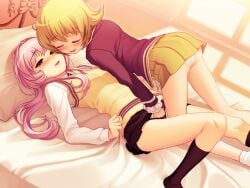 2girls :d after_kiss bed black_panties black_skirt black_socks blazer blonde_hair brown_eyes capella_(sumaga) closed_eyes deneb_(sumaga) fingering game_cg hair_intakes half-closed_eyes hand_in_panties indoors jacket kneehighs layered_sleeves long_hair long_sleeves lying medium_hair miniskirt multiple_girls on_back on_bed open_mouth panties pillow pink_hair pleated_skirt purple_jacket saliva saliva_trail shiny_skin shirt skirt smile socks straight_hair sumaga sweater sweater_vest tsuji_santa underwear white_panties white_shirt white_socks yellow_skirt yellow_sweater yuri