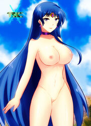 areolae asai_rionai bangs blue_hair blush breasts choker curvaceous curvy earrings eyebrows_visible_through_hair female female_only highres jewelry lipstick logo long_hair looking_at_viewer nude nude_female original original_character pale-skinned_female purple_eyes pussy sacredcourage seductive seductive_eyes seductive_look seductive_smile smile solo solo_female standing the_legendary_tauran'creima the_legendary_tauran'creima:_star_beings_of_the_universe tiara