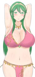 blush breasts cleavage cosplay exhibitionism female fire_emblem fire_emblem:_genealogy_of_the_holy_war fire_emblem_awakening fixed green_eyes green_hair highres huge_breasts jewelry large_breasts lene_(fire_emblem)_(cosplay) long_hair looking_at_viewer lucina_(fire_emblem) midriff navel necklace nintendo no_bra no_panties no_underwear open_mouth raigarasu revealing_clothes seductive_smile smile solo sweat thick_thighs thighs third-party_edit tiara