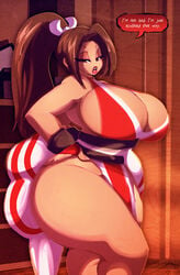 1girls ass background big big_ass big_breasts bottom_heavy breasts brown_eyes brown_hair china_dress chinese_clothes covering_breasts dialogue fatal_fury female female_only fighter half-dressed hand_on_hip hands_on_hips hi_res high_resolution huge_ass huge_breasts human irritated japanese_clothes king_of_fighters large_ass lipstick mai_shiranui ponytail red_lipstick riendonut serious sleeveless solo speech_bubble text thick_ass thick_legs thick_thighs thigh_gap thighs wide_hips