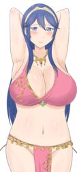 armpits blue_eyes blue_hair blush breasts cleavage cosplay exhibitionism female fire_emblem fire_emblem:_genealogy_of_the_holy_war fire_emblem_awakening high_resolution huge_breasts jewelry large_breasts lene_(fire_emblem)_(cosplay) long_hair looking_at_viewer lucina_(fire_emblem) midriff navel necklace nintendo no_bra no_panties no_underwear open_mouth raigarasu revealing_clothes seductive_smile smile solo sweat thick_thighs thighs third-party_edit tiara