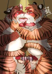 2020 anthro anthro_on_anthro balls belly blush brother brothers bumomomoboa duo eyewear facial_hair felid genitals glasses hi_res incest kemono kissing male male/male mammal overweight overweight_male pantherine penis sibling tiger tongue tongue_out yaoi