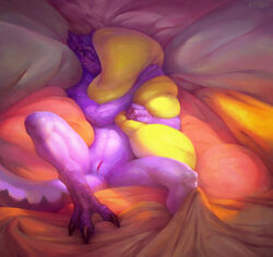 2020 5_fingers anthro bed bedding blanket claws closed_eyes digital_media_(artwork) female fingers furniture genitals hi_res horn klongi lizard lying nude on_back on_bed pillow purple_body pussy reptile scalie solo