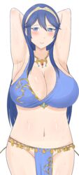 armpits blue_eyes blue_hair blush breasts cleavage cosplay exhibitionism female fire_emblem fire_emblem:_genealogy_of_the_holy_war fire_emblem_awakening fixed highres huge_breasts jewelry large_breasts lene_(fire_emblem)_(cosplay) long_hair looking_at_viewer lucina_(fire_emblem) midriff navel necklace nintendo no_bra no_panties no_underwear open_mouth raigarasu revealing_clothes seductive_smile smile solo sweat thick_thighs thighs third-party_edit tiara