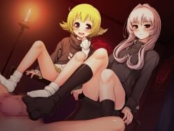 2girls black_jacket black_panties black_socks blonde_hair brown_eyes candle capella_(sumaga) censored clothed_female_nude_male deneb_(sumaga) dutch_angle ffm_threesome footjob game_cg grey_hair group_sex head_tilt indoors jacket kneehighs long_hair long_sleeves looking_at_viewer medium_hair mosaic_censoring multiple_girls nude open_mouth panties penis shiny_skin socks sumaga threesome tsuji_santa underwear white_panties white_socks