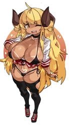 1girls ahoge anila_(granblue_fantasy) big_breasts big_horns black_legwear blonde_hair bracelet choker cleavage draph draph_race_(granblue_fantasy) female female_only granblue_fantasy hair_on_horn heart_tan horns legwear long_hair looking_at_viewer miniskirt shirt_open shoes side-tie_bikini side-tie_panties sleeves_rolled_up smiling solo solo_female tan_skin tanline thick_thighs very_high_resolution white_background wink yellow_eyes zanamaoria