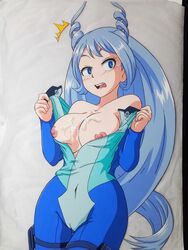 1girls big_breasts blue_eyes blue_hair blush bodysuit breasts cameltoe cum cum_on_breasts female female_only female_superhero flustered hadou_nejire hadou_nejire_(hero_outfit) half-dressed hasamimushi hero_outfit_(mha) hips medium_breasts my_hero_academia navel nejire_hado nejire_hado_(hero_outfit) open_clothes open_mouth photo_(medium) scissor_insect superhero superheroine tight_clothing undressing very_long_hair vest white_background