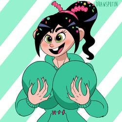 aged_up animated biting_lip black_hair boobs bouncing_breasts breasts busty disney drawsputin female grabbing_own_breast green_eyes groping hairband hand_on_breasts jacket ponytail self_grope tits vanellope_von_schweetz wreck-it_ralph