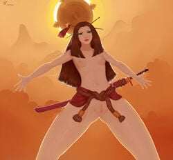 1girls amaterasu_(smite) areolae breasts brown_eyes deity goddess hairpin japanese_mythology long_hair nipples nude pornclake pussy sheath small_breasts smite solo sword weapon