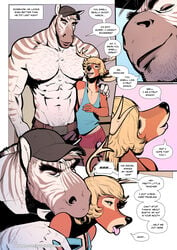 2020 aaron_(falcon_mccooper) abs anthro antlers blonde_hair body_hair cervid chest_hair clothing comic dialogue duo english_text equid equine eyelashes falcon_mccooper genitals girly green_eyes hair half-erect hat headgear headwear horn imminent_sex jesse_(falcon_mccooper) male male/male mammal manly muscular muscular_male penis pink_penis smile text tongue zebra