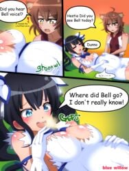 2girls animal_ears bell_cranel big_belly big_breasts black_hair blue-willow blue_eyes brown_eyes brown_hair burping cleavage clothed clothed_female comic dungeon_ni_deai_wo_motomeru_no_wa_machigatteiru_darou_ka english english_text female female/female female_only hestia_(danmachi) human human_only implied_vore lesbian liliruca_arde navel short_hair simple_background skimpy_clothes sweating tagme text twintails vore watermark white_clothes yuri