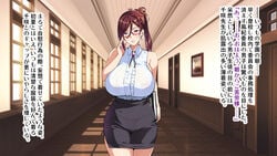 1girls black_skirt brown_hair door edit glasses hallway holding_book holding_object huge_breasts indoors juukon_sentai_juusoldier_(takeda_hiromitsu) large_breasts lips looking_at_viewer milf pencil_skirt ponytail principal purple_eyes sakurama_chisaki_(juukon_sentai_juusoldier) school skirt takeda_hiromitsu translation_request uniform white_shirt window