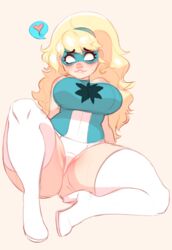 1girls big_breasts big_thighs biting_lip blonde_hair breasts clothed clothing eyewear female_only female_superhero heart higgyy high_heel_boots high_heels long_hair powertrip smash_girl solo solo_female speech_bubble superhero superheroine thick_thighs white_eyes white_panties white_stockings wide_hips