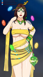 1girls bracelet braid breasts brown_hair chinese_mythology cleavage cloth crystal fog green_eyes hair_ornament large_breasts lipstick long_hair navel necklace nu_wa_(smite) scales smite solo theobscureone underboob wrappings