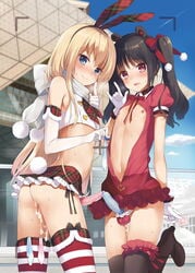 2boys animal_ears ass balls_in_panties black_hair blonde_hair bunny_ears camera condom condom_in_hand condom_in_thighhighs condom_on_penis cosplay crop_top crossdressing cum cum_in_ass cum_on_thighs cumdrip erection exhibitionism fake_animal_ears femboy frottage genderswap holding_condom kantai_collection long_hair looking_back love_live! love_live!_school_idol_project male male_only microskirt miniskirt nemunemu_(candy_paddle) nipples otoko_no_ko_heaven panties penis penises_touching rear_view ribbon scarf shimakaze_(kantai_collection) shimakaze_(kantai_collection)_(cosplay) skirt slutty_outfit smile standing thighhighs trap trap_on_trap twintails underwear used_condom yaoi yazawa_nico yazawa_nico_(cosplay)