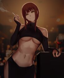 1girls absurdres bangs blunt_bangs blurry blurry_background breasts bridal_gauntlets chainsaw_man cigarette clothing_cutout cup drinking_glass highres holding holding_cigarette long_hair looking_at_viewer makima_(chainsaw_man) medium_breasts navel red_hair shoulder_cutout smoke solo under_boob wine_glass yellow_eyes zaki_btw