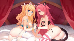 2girls animal_ears ass bed blonde_hair blue_bra blue_eyes bra bra_slip bracelet breasts censored cleavage cleavage_cutout closed_mouth clothing_cutout collarbone earrings fake_animal_ears hair_ornament hair_over_one_eye highres holding_hands interlocked_fingers jewelry long_hair medium_breasts mosaic_censoring multiple_girls nipples original panties panty_pull plaid plaid_bra pussy red_curtains red_eyes red_hair sela side-tie_panties small_breasts smile star_(symbol) star_earrings tail thighhighs twintails underwear underwear_only untied untied_panties very_long_hair white_legwear white_panties