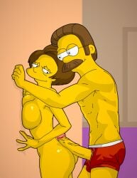 2022 against_wall ass breast_press breasts brown_hair canon_couple color couple digital_media_(artwork) edna_krabappel erection evilweazel facial_hair glasses hi_res huge_breasts huge_cock imminent_sex megane moustache ned_flanders nude penis penis_against_ass red_briefs short_hair the_simpsons uncensored yellow_skin