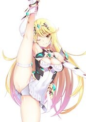 1girls blonde_hair breasts cleavage cleavage_cutout close-up clothing_cutout daive female highres large_breasts leg_up mythra nintendo one_eye_closed panties samponess skindentation splits standing standing_on_one_leg underwear vertical_splits white_panties xenoblade_(series) xenoblade_chronicles_2 yellow_eyes