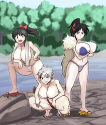 3girls big_breasts black_hair breasts brown_eyes female female_only forest_background fundoshi fur_scarf geta hotsaurus huge_breasts inuyasha large_breasts moroha multiple_girls naked_footwear naked_with_shoes_on nude panties red_eyes seductive setsuna_(yashahime) short_hair silver_hair tomboy towa_higurashi towel towel_around_neck wooden_sandals yashahime:_princess_half-demon