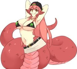 1girls 2020 amber_eyes arms_behind_head baseball_cap breasts cleavage female female_only lamia long_hair looking_at_viewer miia_(monster_musume) monster_(beverage) monster_energy monster_energy_drink monster_girl monster_musume_no_iru_nichijou necklace oerba_yun_fang pointy_ears red_hair red_scales rtil scales scalie side-tie_bikini skirt smiling snake solo solo_female white_background white_skin